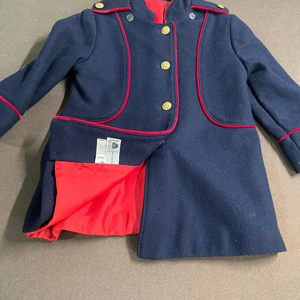 Vintage Barbury NY Wool Blue Small Child Navy Coat Epaulettes Gold Buttons  Sz4